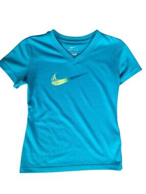 Nike Dri-Fit Girls V-Neck Teal Blue Polyester Yellow Graphic T-Shirt Youth Sz XS